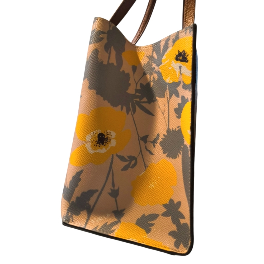 Furla Beige Tote with Yellow Floral Print and Brown Handles EUC - Picture 7 of 14